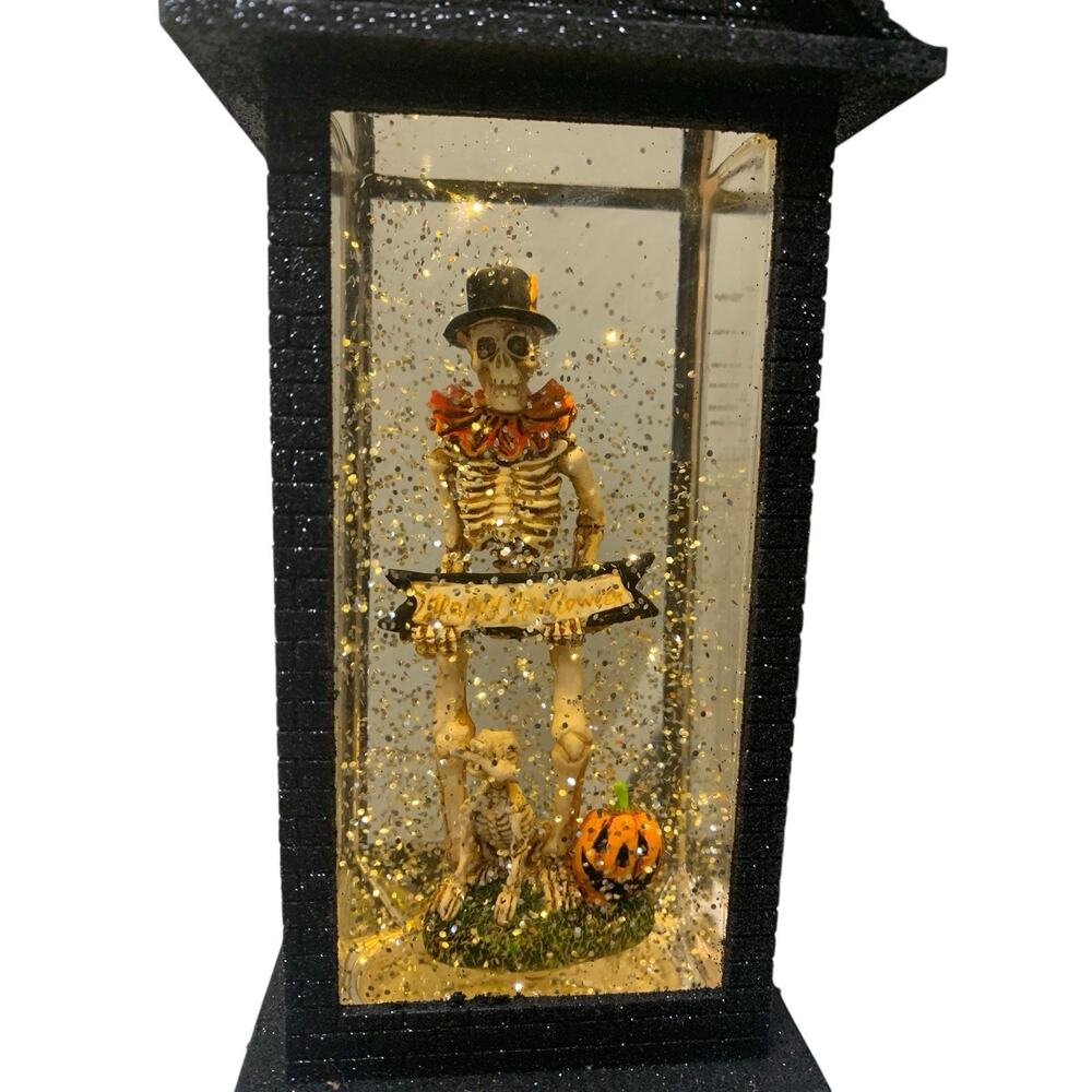 Lantern Skeleton Dog Light Up With Timer Glitter Globe, Halloween Decor Spooky